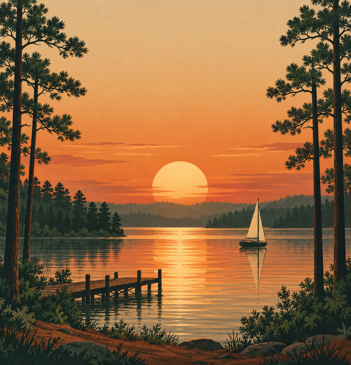 Lake at sunset framed by tall pines