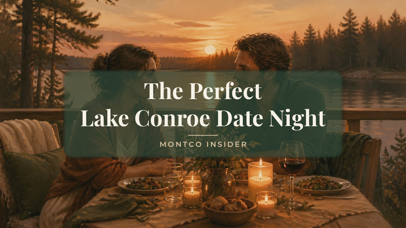 Couple at a candlelit lakeside dinner at sunset