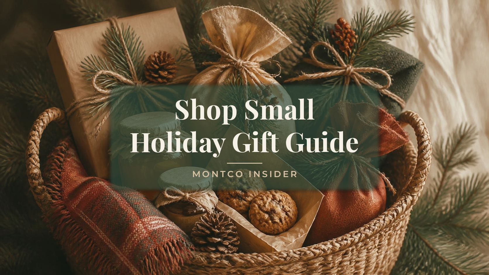 Basket of wrapped gifts, cookies and pine sprigs