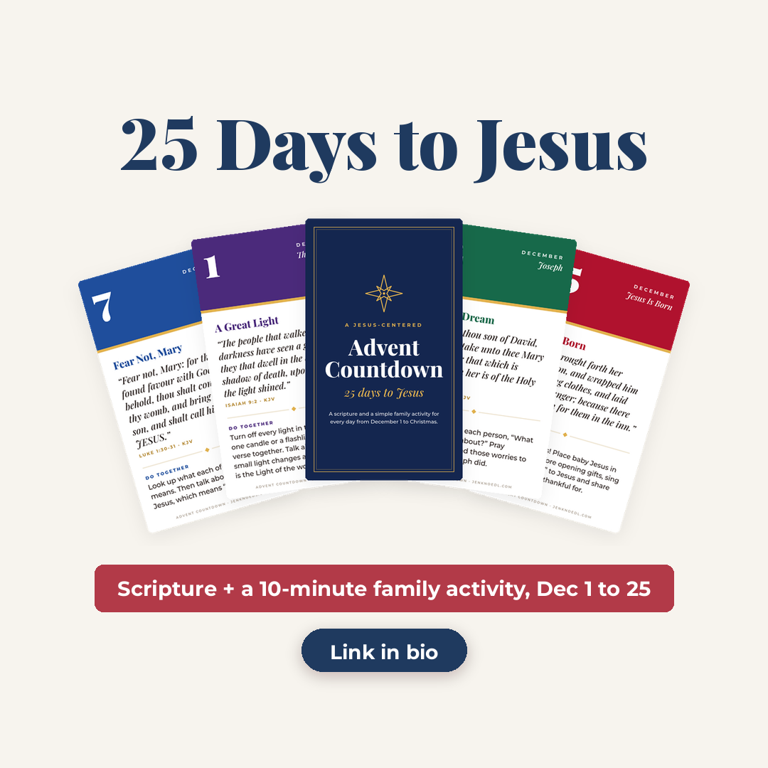 A fan of colorful Jesus-Centered Advent Countdown Cards around the cover card, titled 25 Days to Jesus, with scripture and a 10-minute family activity for December 1 to 25