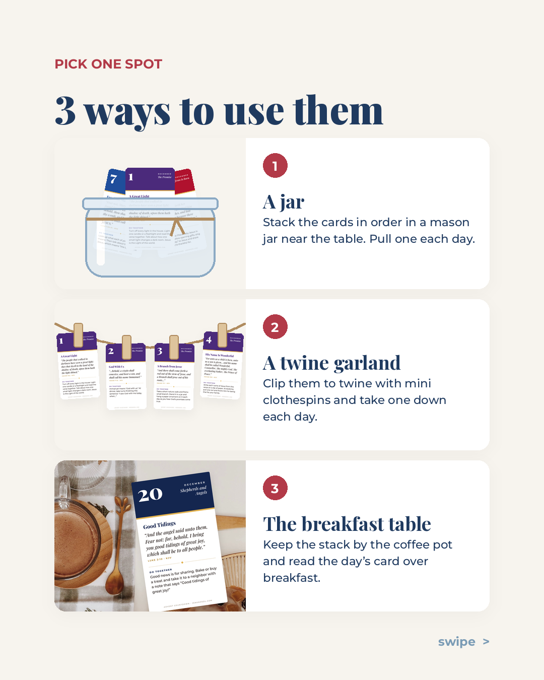 Three ways to use Advent cards: stacked in a mason jar, clipped to a twine garland with mini clothespins, and kept by the coffee pot at the breakfast table