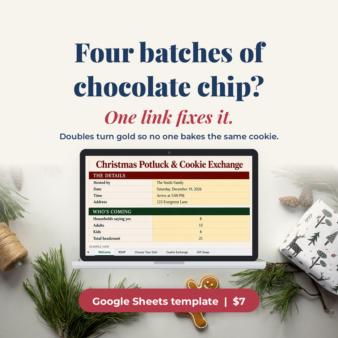 A laptop showing the Christmas Potluck and Cookie Exchange sign-up sheet, surrounded by pine sprigs, a gingerbread cookie and a wrapped gift