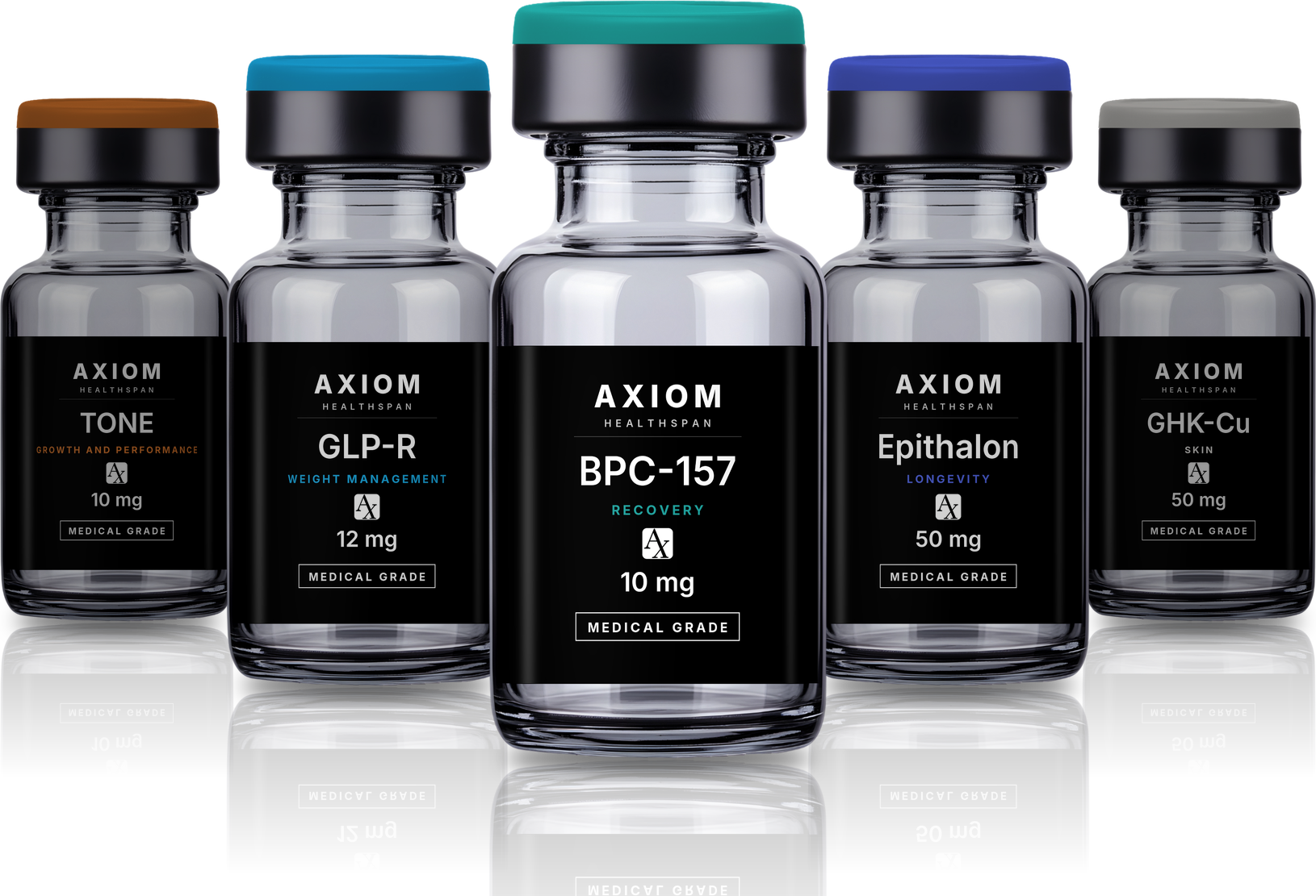 AXM Peptides vials including BPC-157, GLP-R, Epithalon, TONE and GHK-Cu