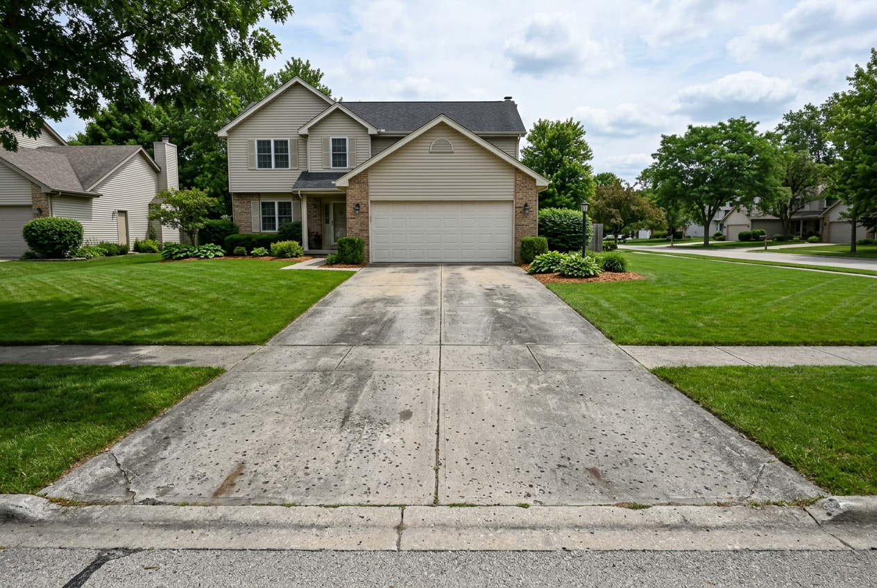 The same concrete driveway before cleaning, gone gray and dull