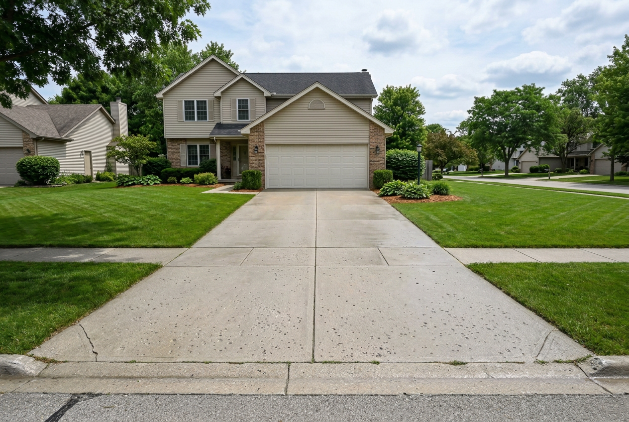 Concrete driveway after cleaning, shot down its length
