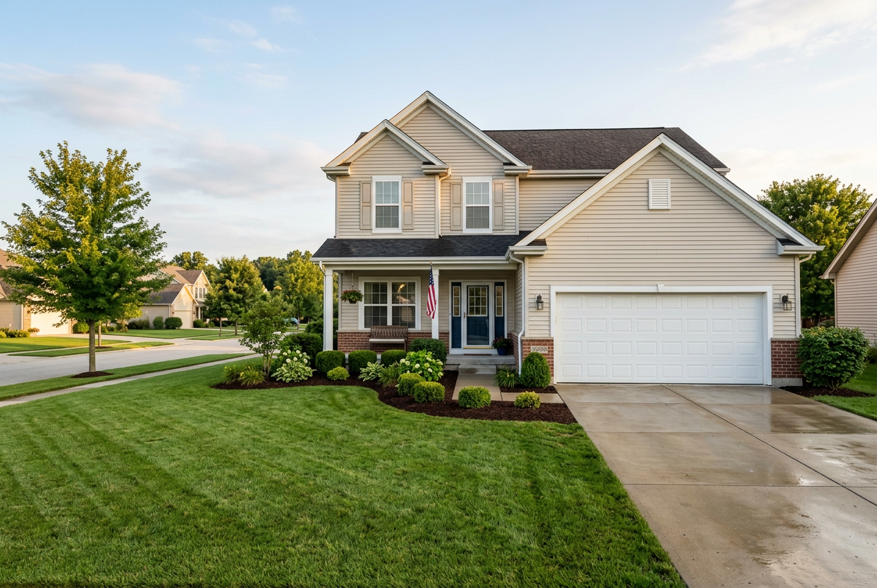 Front elevation of a freshly washed home with a clean driveway