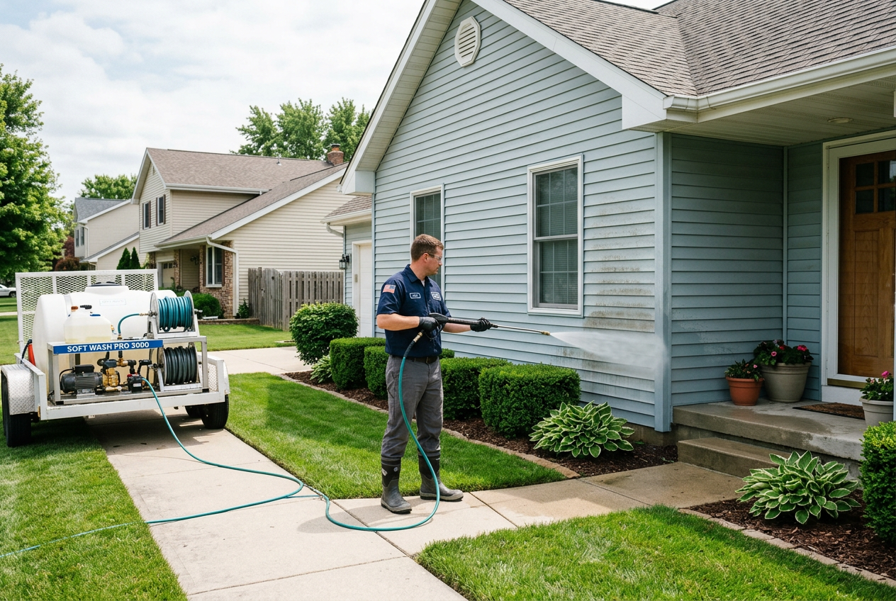 Low pressure soft wash nozzle spraying clean siding