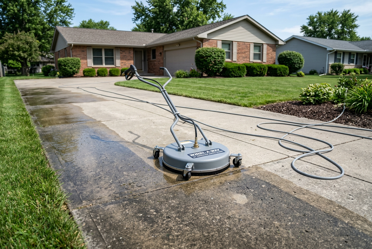 Surface cleaner mid pass on a concrete driveway with the clean line behind it