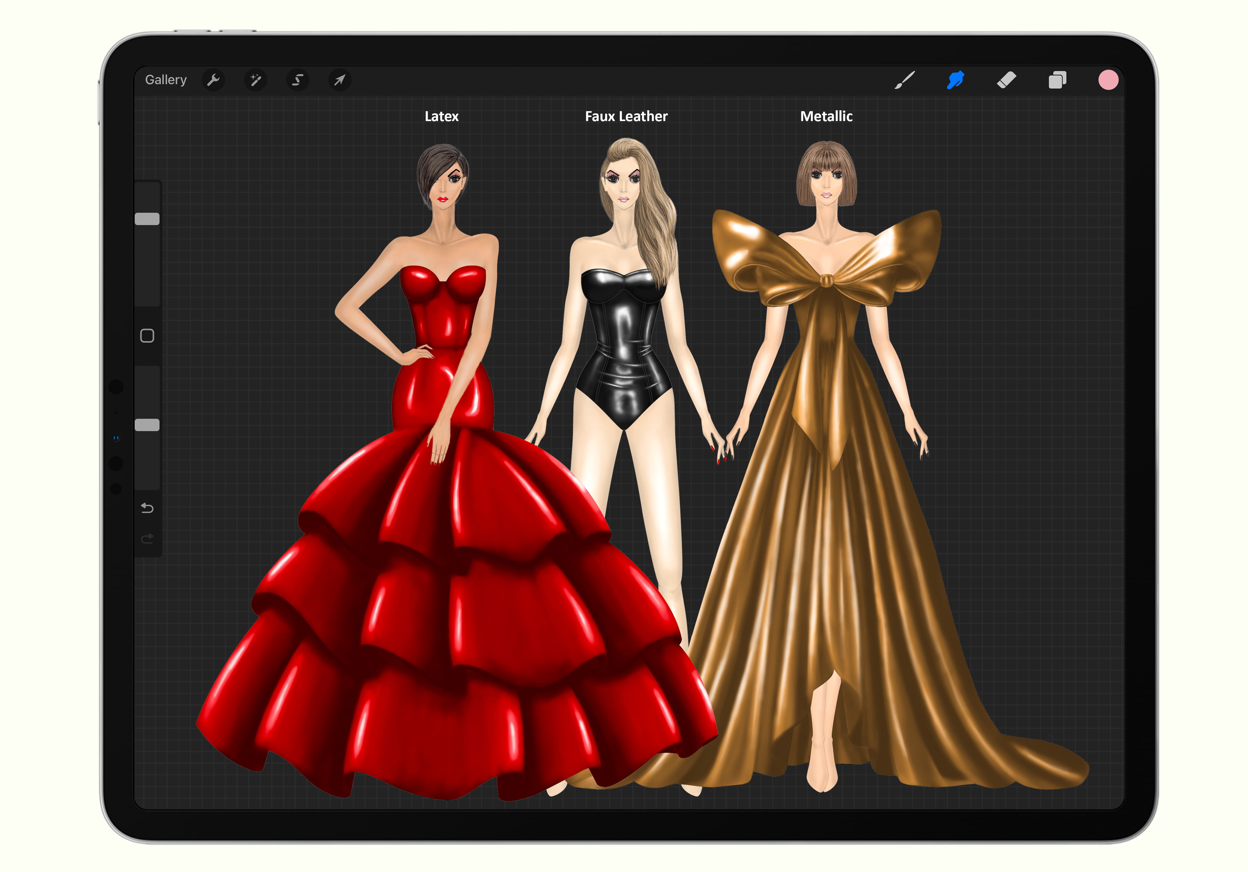 8-Step Guide to drawing beautiful Fashion Dresses Process - Moda For All - After Using My Own Templates 8-Step Guide Process - Instant Brush Patterns + Metallic Textures