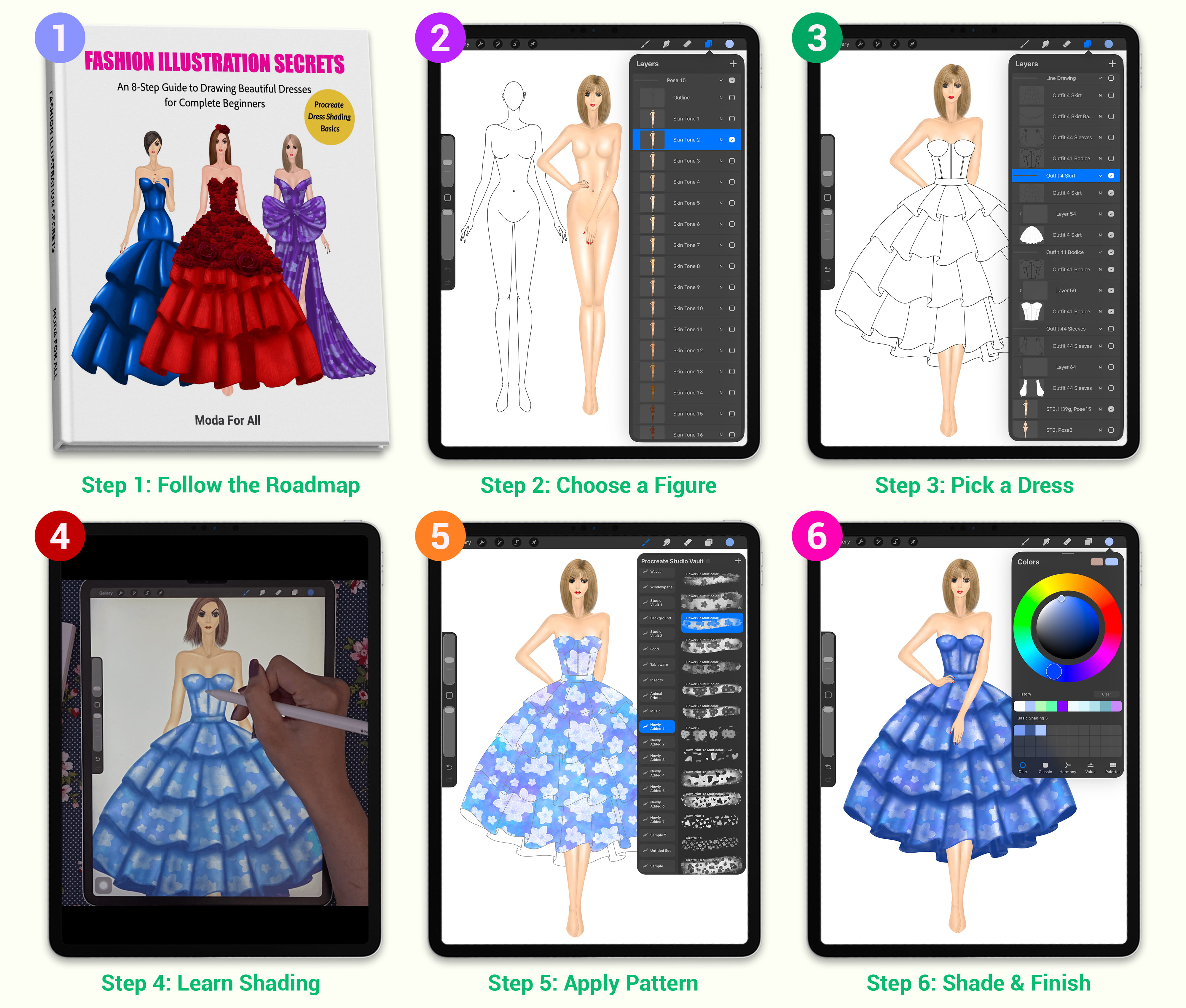 The Simple Beginner Workflow With The Complete Bundle_Fashion Figure Templates, Procreate Dress Templates, Fashion Shading Library Brush, Color Palettes, Tutorials