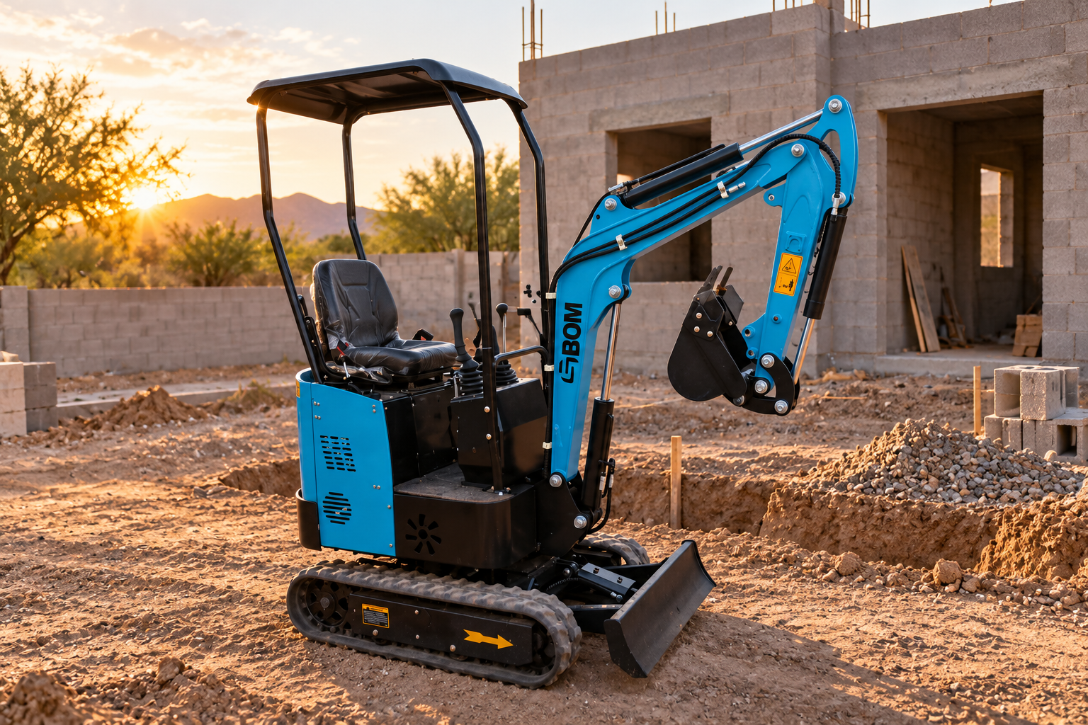 Mini excavadora azul GBOM sin operador en una obra residencial al atardecer, ambientación con IA