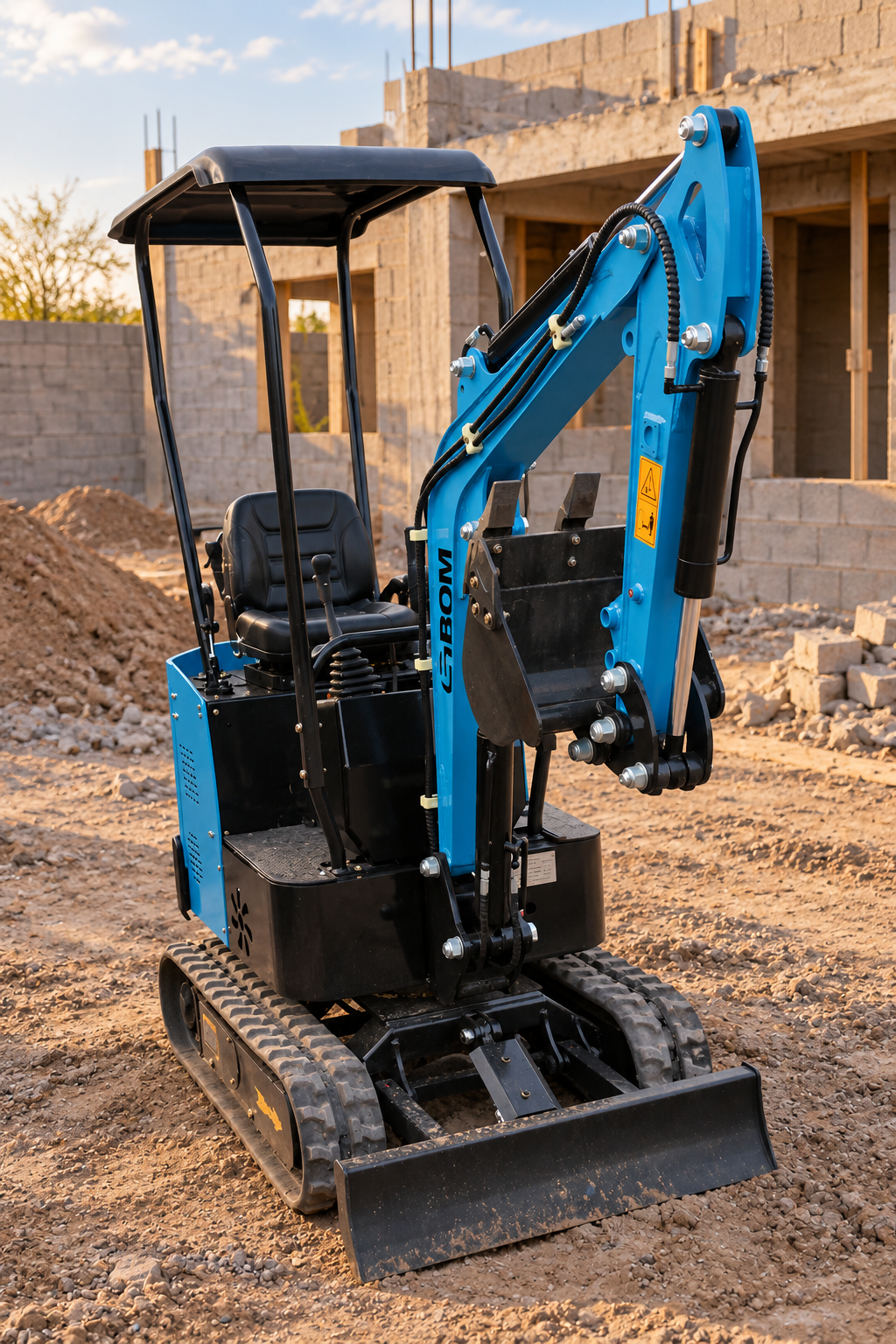 Vista frontal de mini excavadora GBOM con orugas y hoja frontal en construcción residencial, sin persona