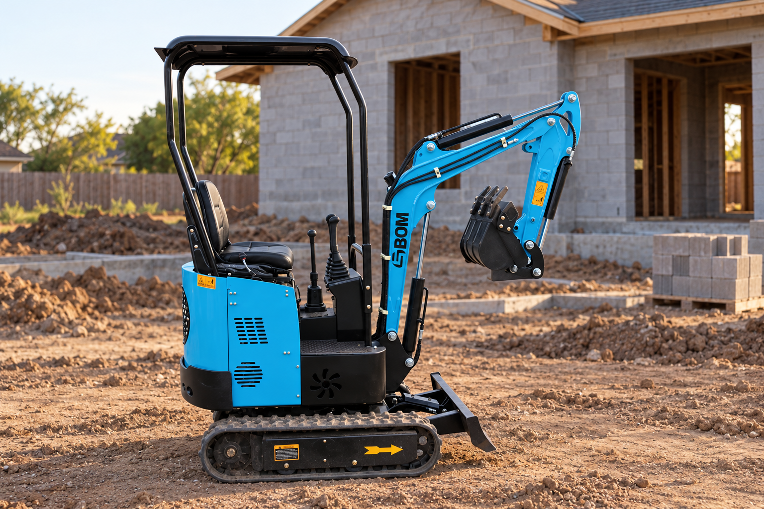 Vista lateral de mini excavadora GBOM sin operador, en entorno de construcción