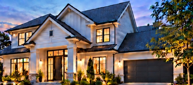 A modern home at dusk