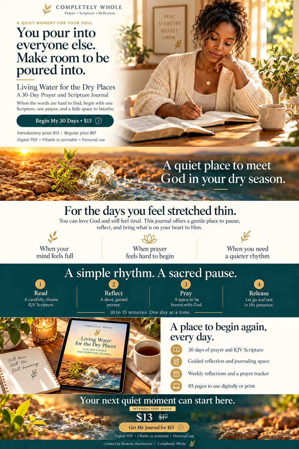 Completely Whole. Living Water for the Dry Places, a 30-day prayer and Scripture journal. The complete original design features a woman journaling beside her Bible, living water flowing through dry ground, gold botanical details, and a journal displayed on a tablet. Introductory price $13, regular price $17.