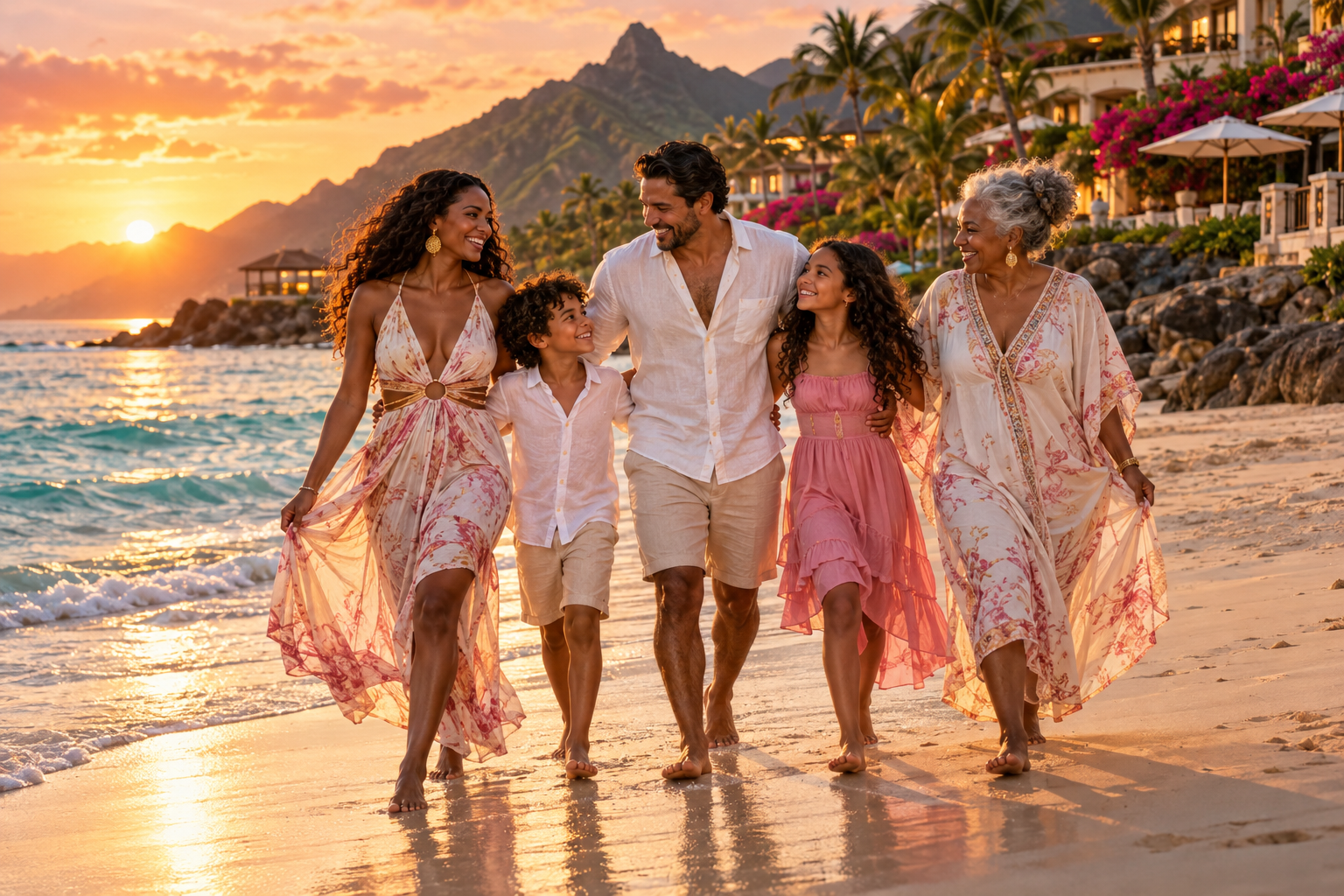 A family enjoying a tropical beach vacation