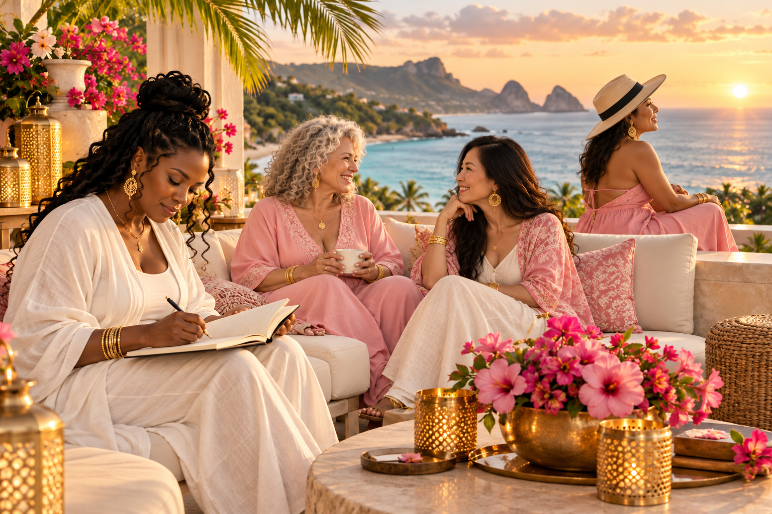Multicultural friends enjoying a peaceful tropical retreat