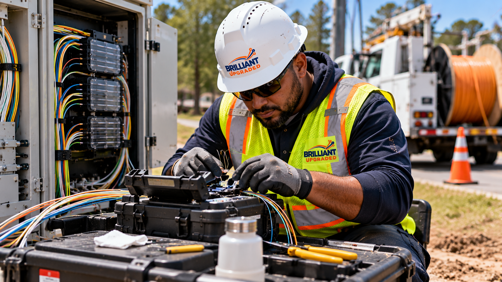 Technician splicing fiber in a cabinet