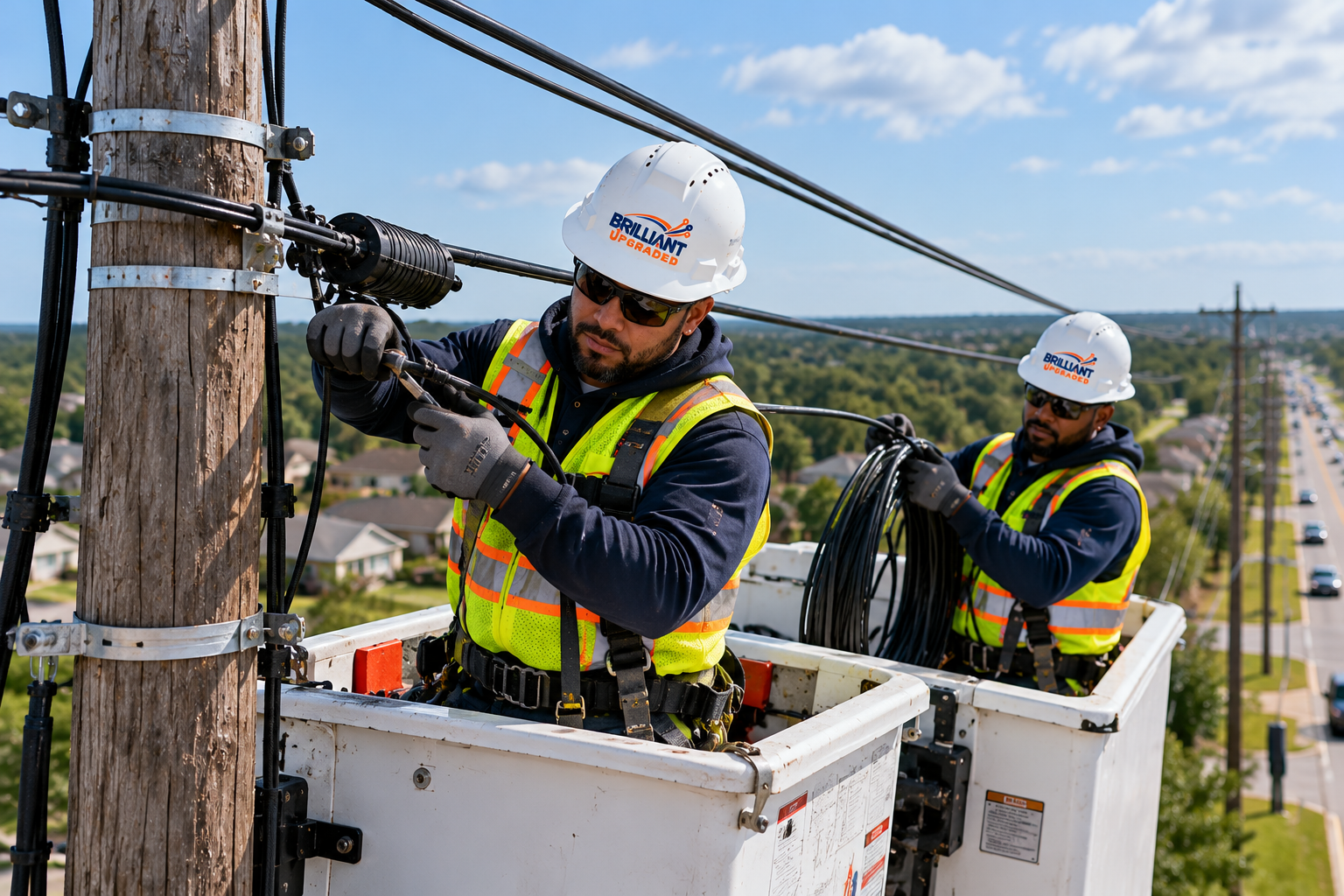 Technicians working aerial fiber from a bucket