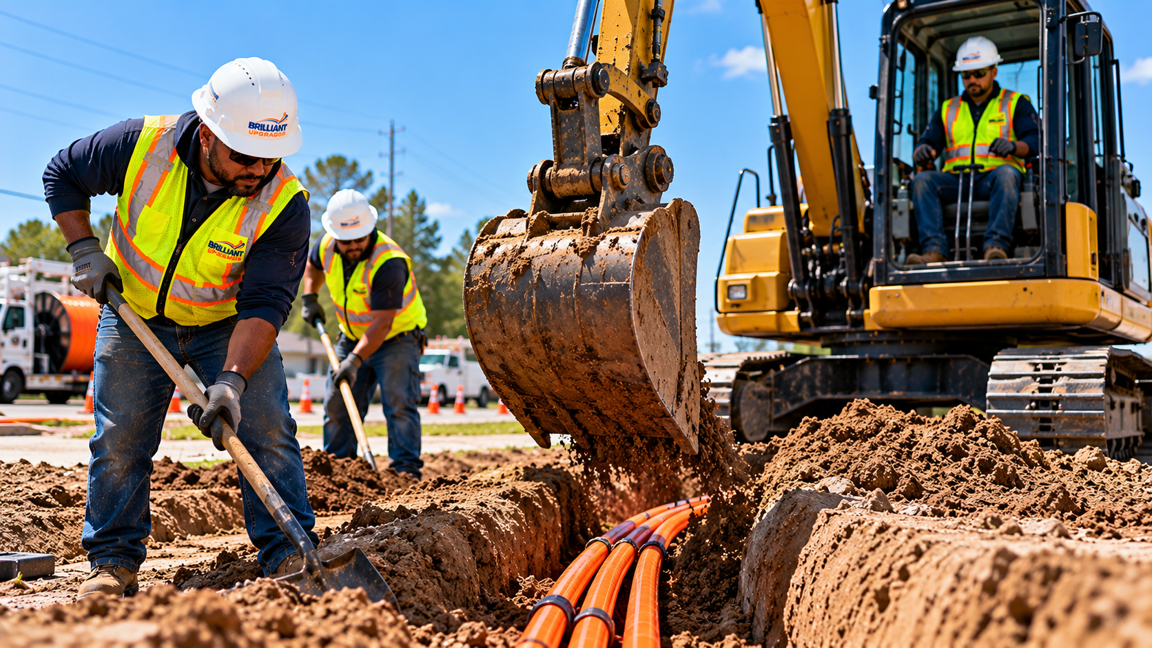 Excavator trenching for underground conduit