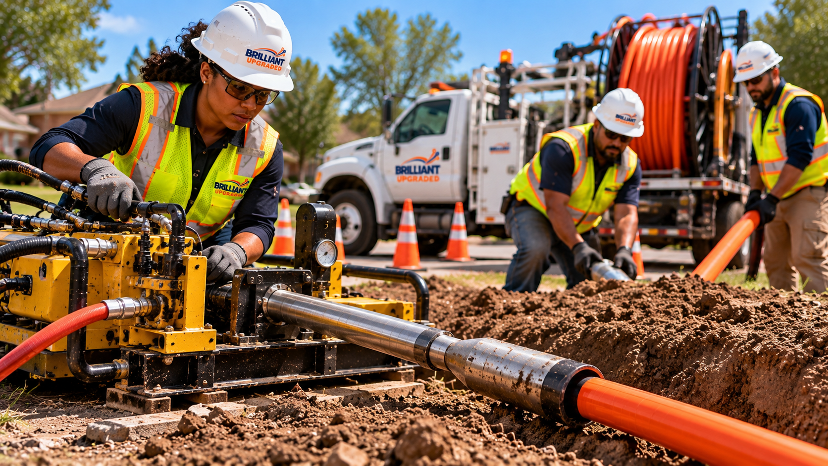 Crew installing conduit with a boring tool