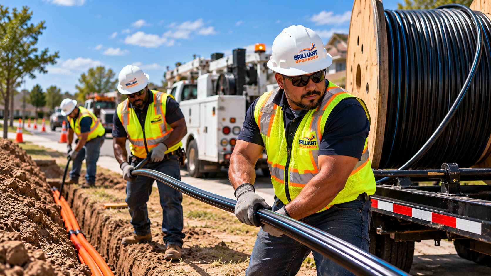 Crew pulling fiber cable from a reel