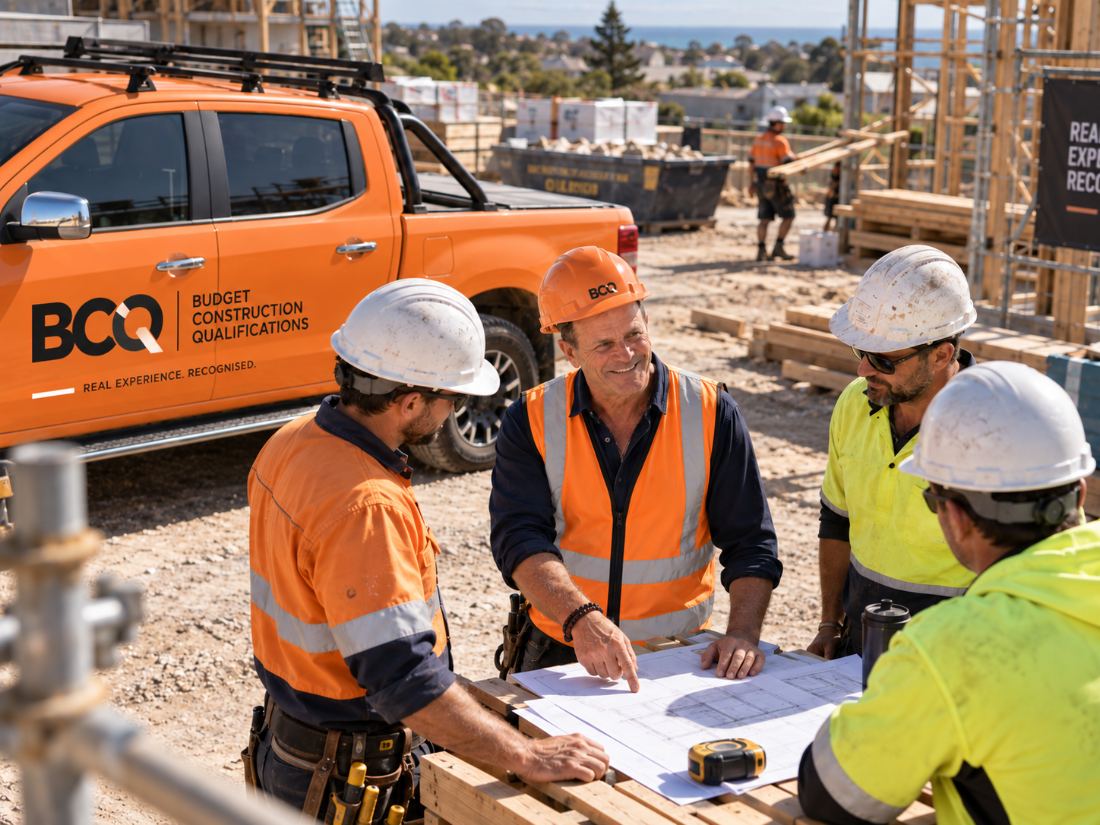 John Von Reuth reviewing building plans with a crew of carpenters beside the branded BCQ ute