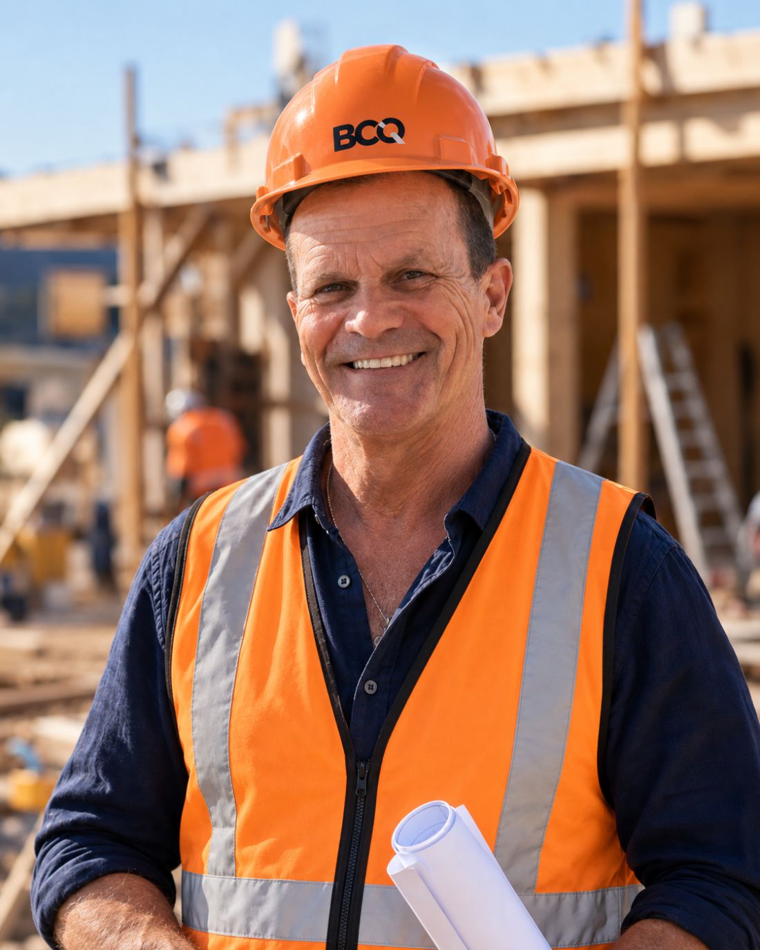 John Von Reuth on a framed construction site in a BCQ hard hat, holding rolled building plans