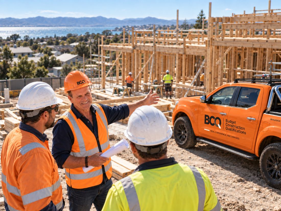 John Von Reuth pointing out details on building plans with tradespeople on a timber-framed site