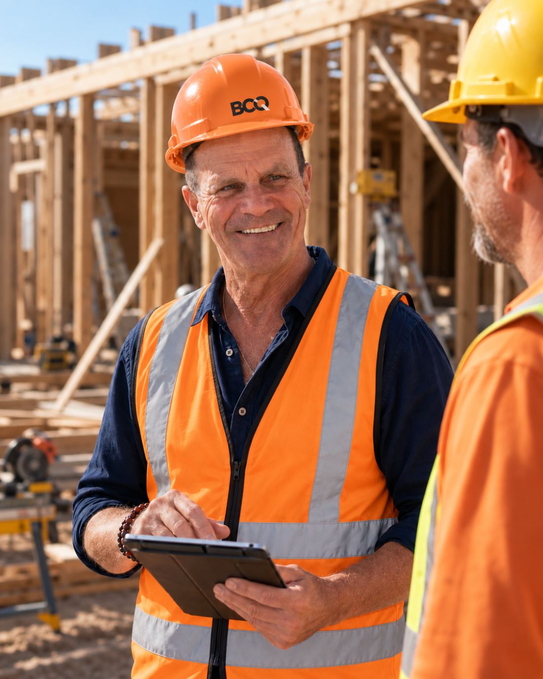 John Von Reuth in a BCQ hard hat and hi-vis, reviewing assessment notes on a tablet with a tradesperson on a framed site
