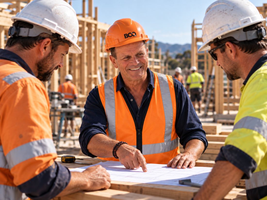 John Von Reuth walking a framed construction site with tradespeople beside the branded BCQ ute