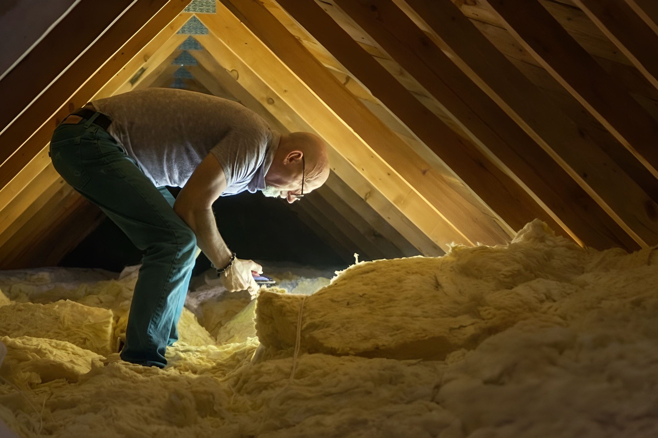 Andrew Jandura, licensed home inspector, working inside a residential attic: examining structural framing, insulation, and HVAC components during a home inspection