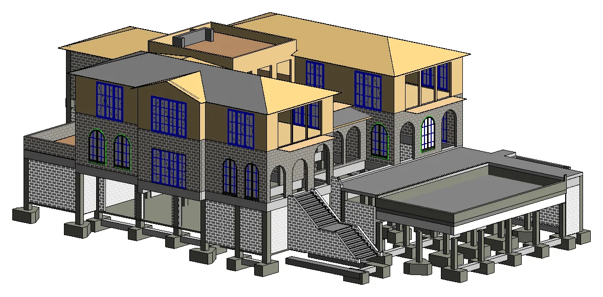 Structural model of an elevated coastal residence showing concrete columns, masonry walls and the pool deck structure