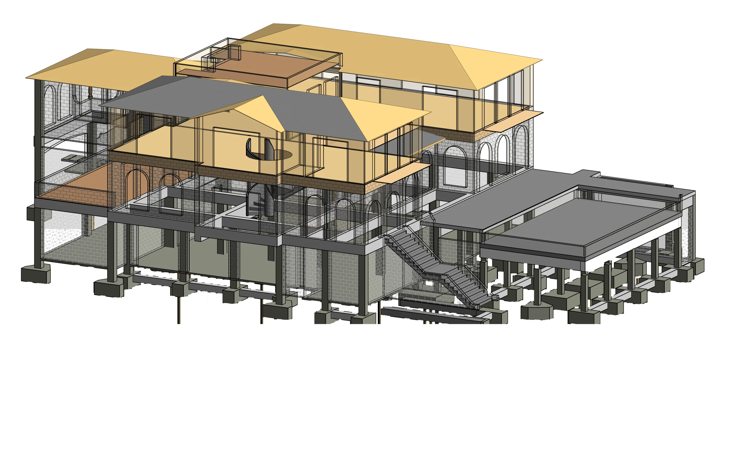 Structural isometric of an elevated coastal residence showing concrete frame and masonry walls