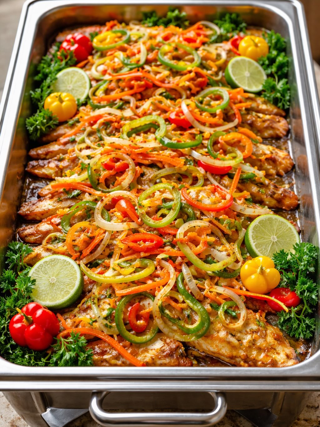 Escovitch fish catering tray topped with peppers, onions, and lime