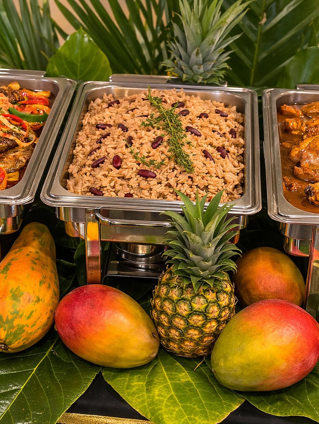 Jamaican buffet spread with chafing dishes, rice and peas, curry chicken, and tropical fruit