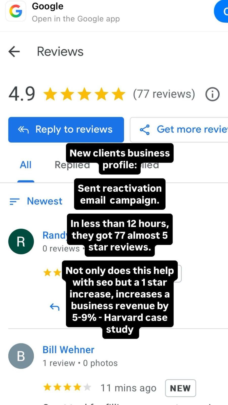 77 reviews in 12 hours reactivation campaign 4.9 stars