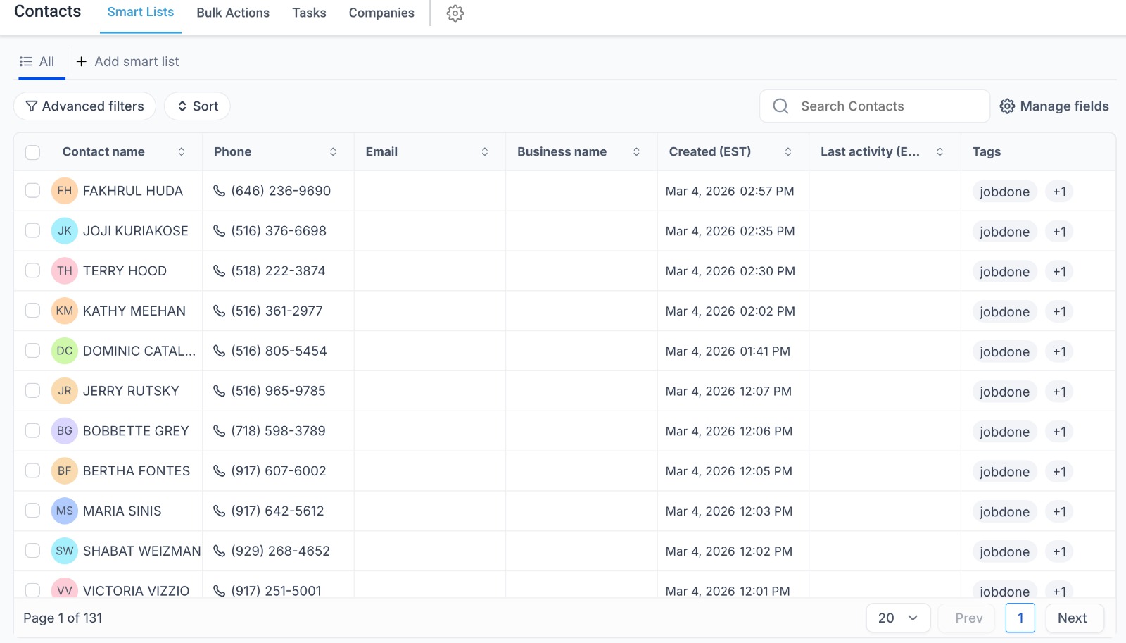 CRM contacts 2620+ tagged jobdone