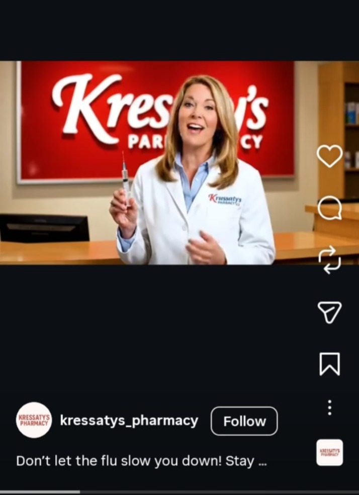 AI-generated human-like Instagram Reel for Kressaty's Pharmacy