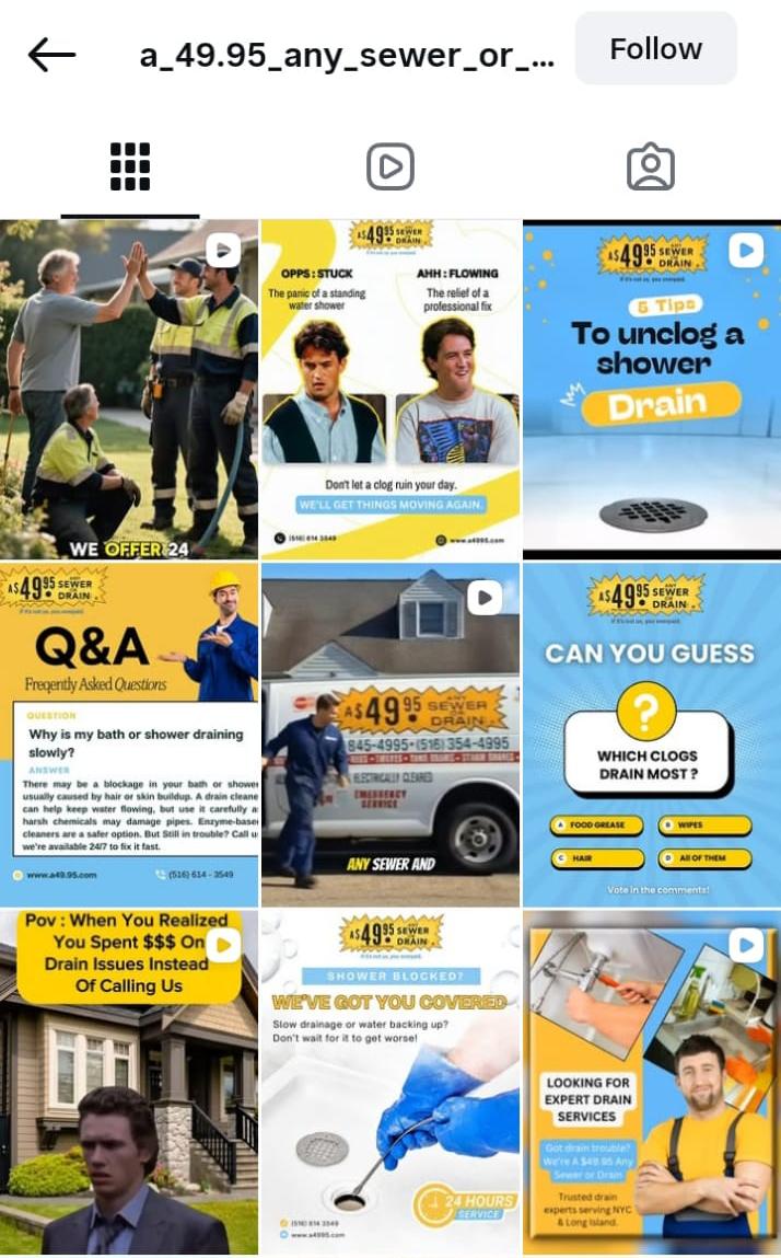 Consistent yellow and navy branded Instagram grid for sewer service