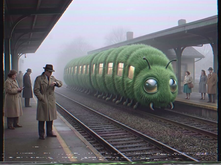 A giant green caterpillar pulling into a train station