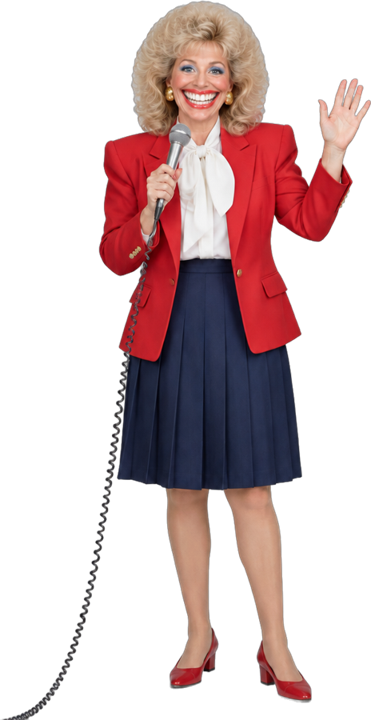 Bev Kowalski in a red blazer holding a microphone, with an oversized smile