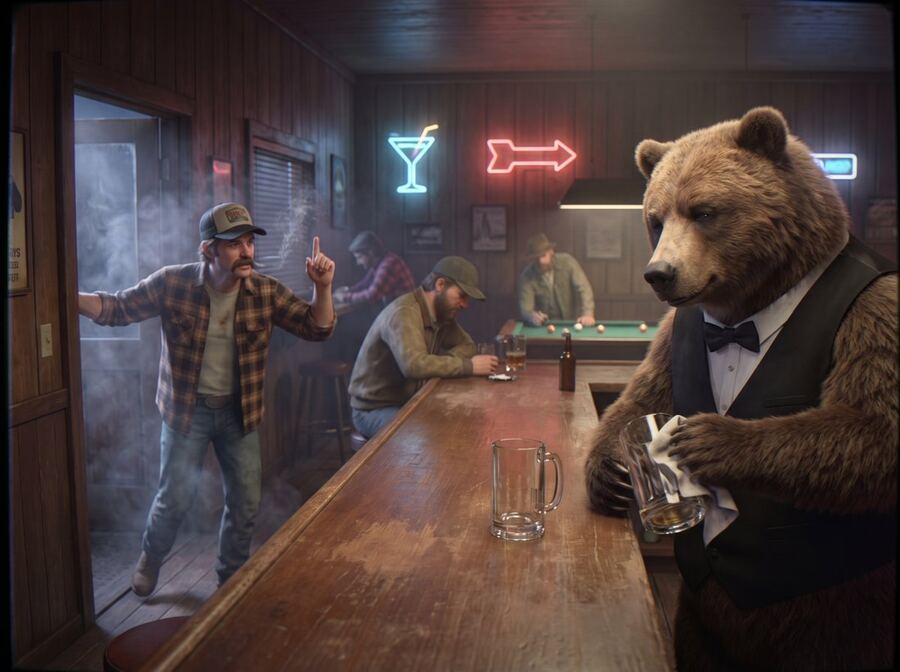 A bear in a vest tending bar in a wood-paneled tavern