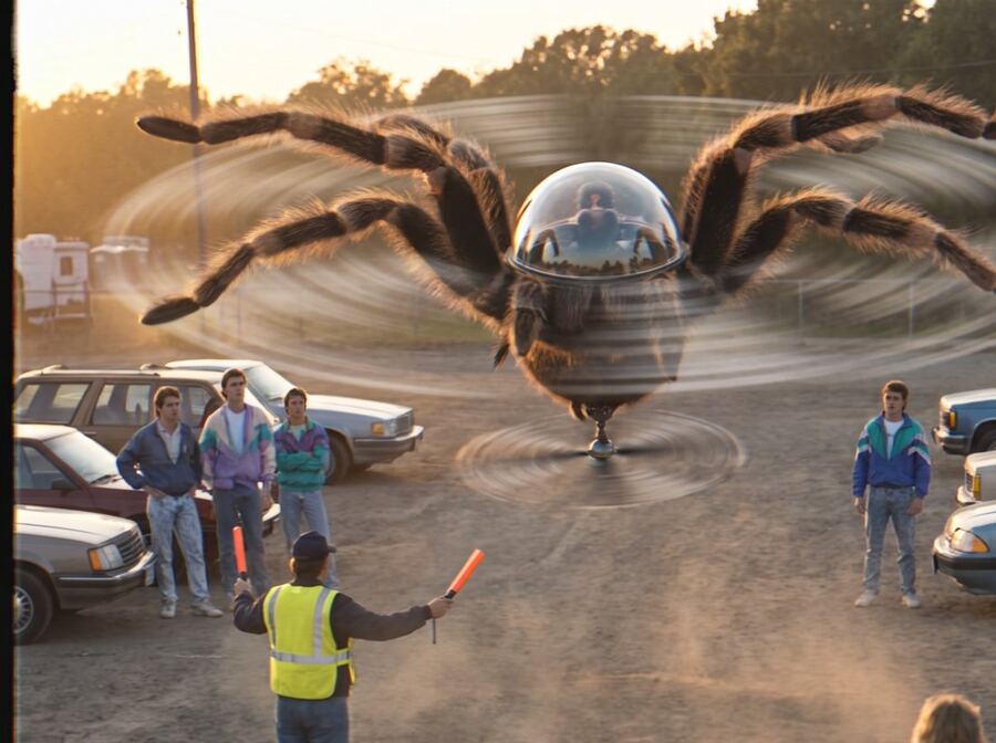 A spider that is also a helicopter landing in a parking lot
