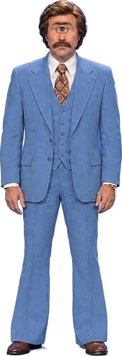 Chet Thunderman, full length: one eye, feathered hair, mustache, powder-blue three-piece suit