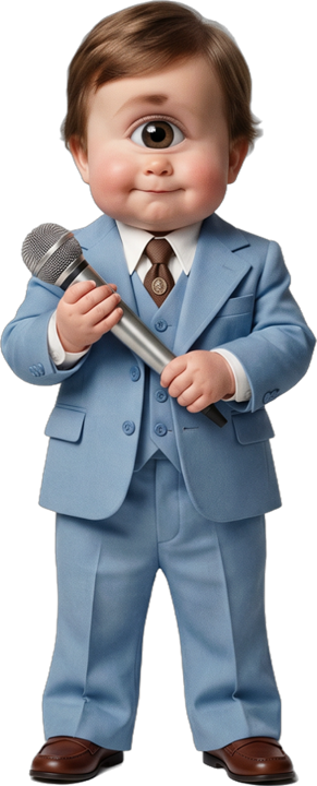 Baby Chet: one eye, tiny powder-blue suit, holding a microphone
