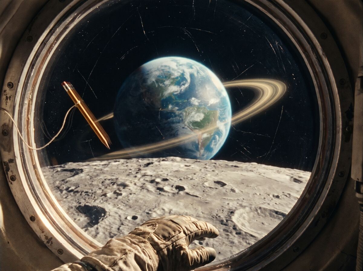 Through a lunar module window: Earth, and a ringed twin planet behind the moon
