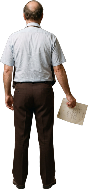 Management, seen only from behind: balding man in a short-sleeve shirt holding a memo