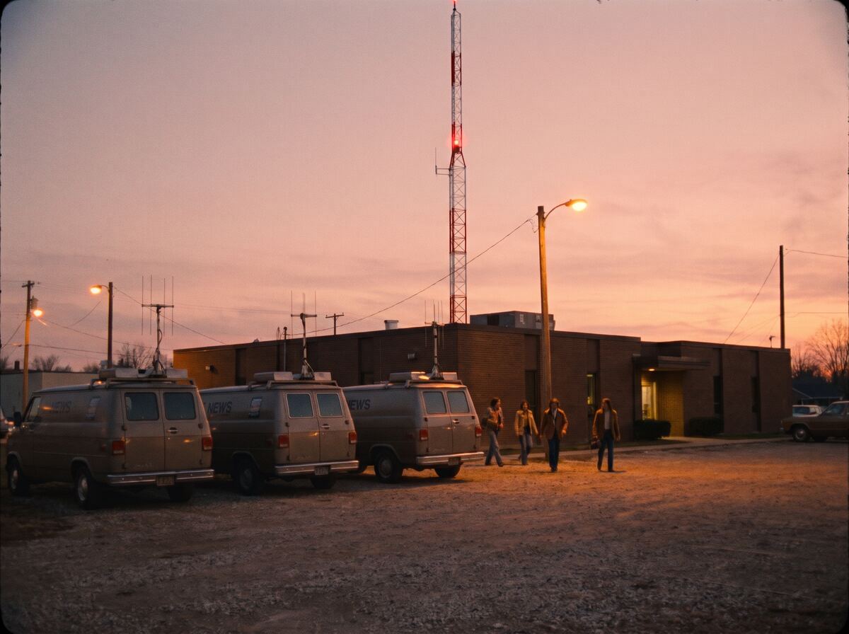The Scatter Report station at dusk, news vans parked out front