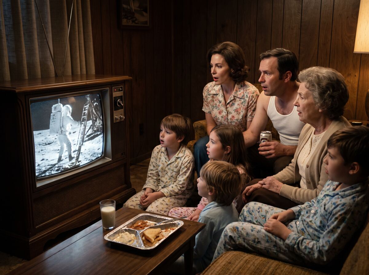 A 1969 family gathered around a TV watching the moon landing